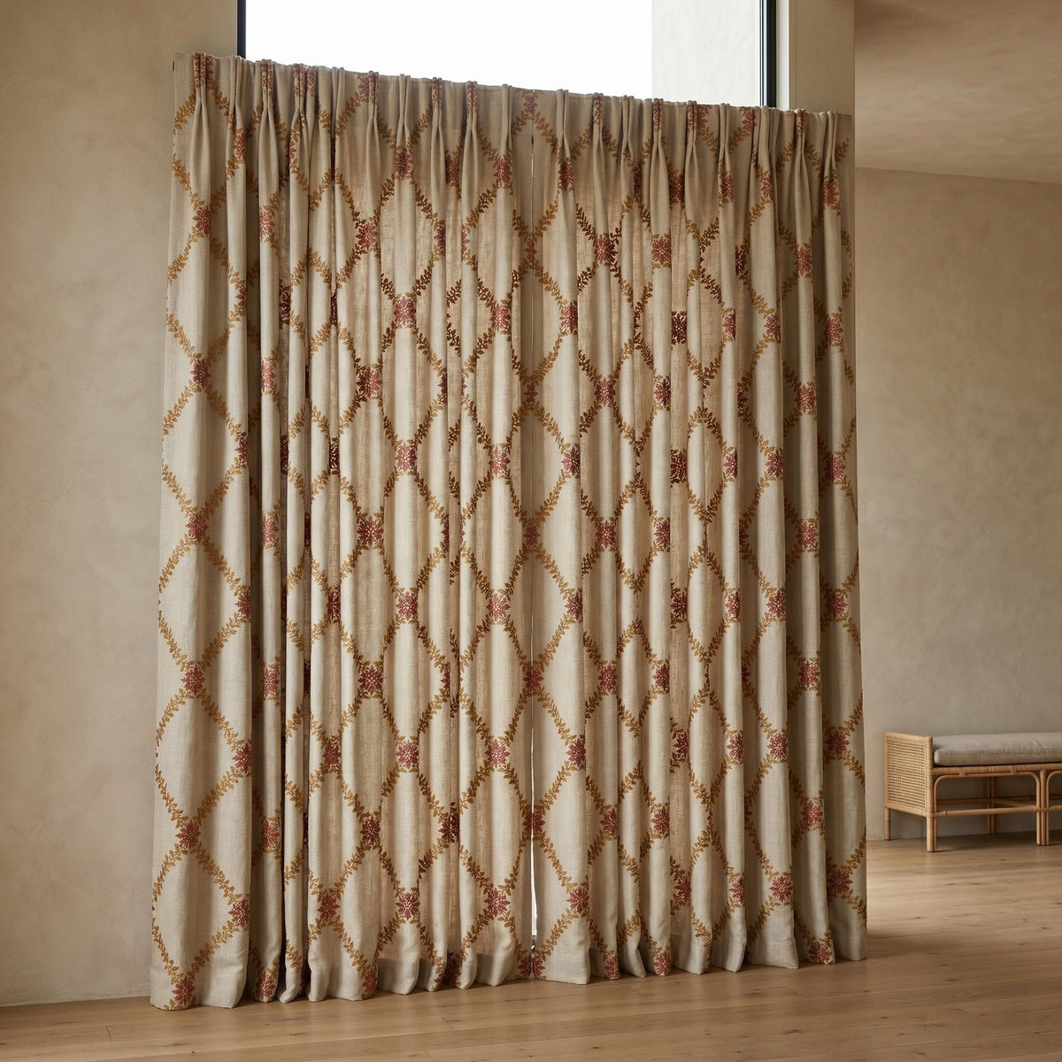 Natural Oatmeal Linen Curtains, Mustard Leaf Vine Embroidered Drapes, Terracotta Floral Blackout or Cotton Lined Panels — image 9