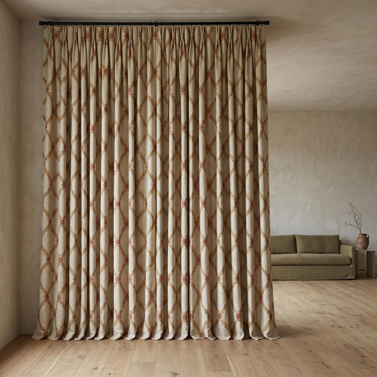 Natural Oatmeal Linen Curtains, Mustard Leaf Vine Embroidered Drapes, Terracotta Floral Blackout or Cotton Lined Panels — image 4