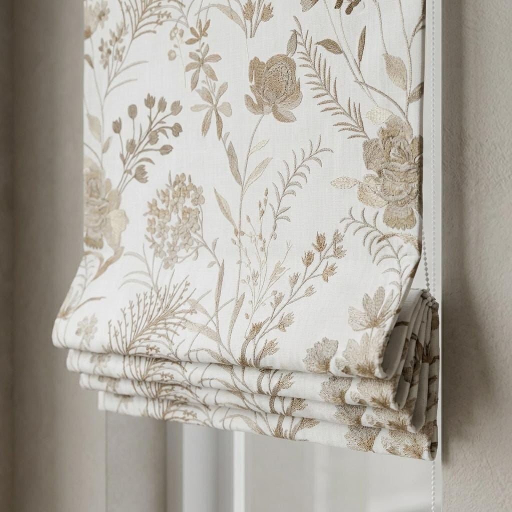 White Linen Roman Shade, Beige Wildflower Embroidered Blind, Custom Corded Botanical Blackout or Cotton Lined — image 4