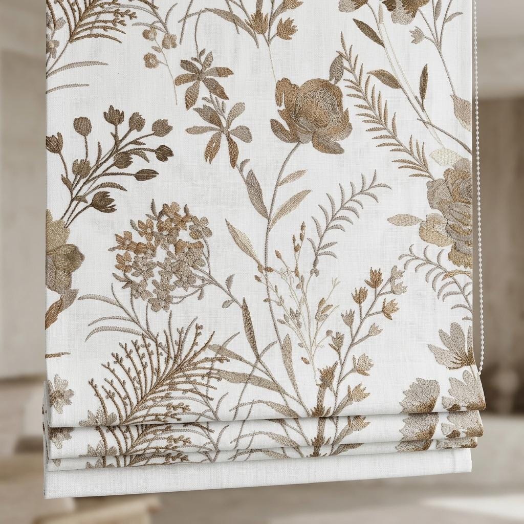 White Linen Roman Shade, Beige Wildflower Embroidered Blind, Custom Corded Botanical Blackout or Cotton Lined — image 10