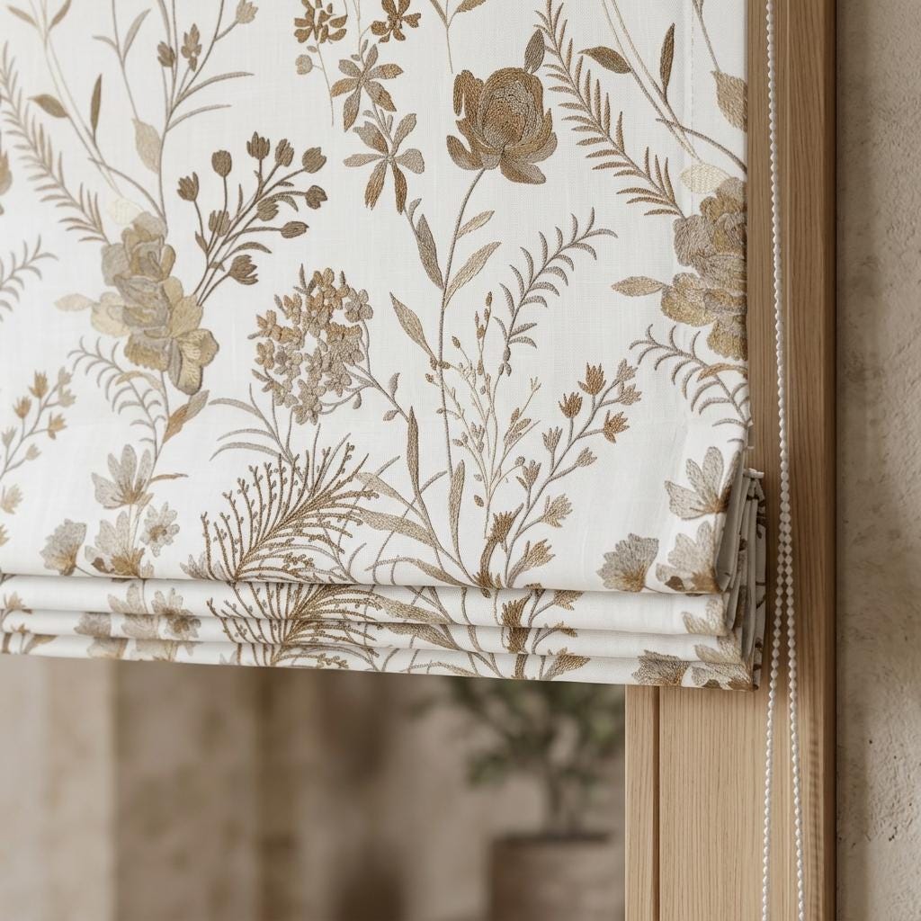 White Linen Roman Shade, Beige Wildflower Embroidered Blind, Custom Corded Botanical Blackout or Cotton Lined — image 2