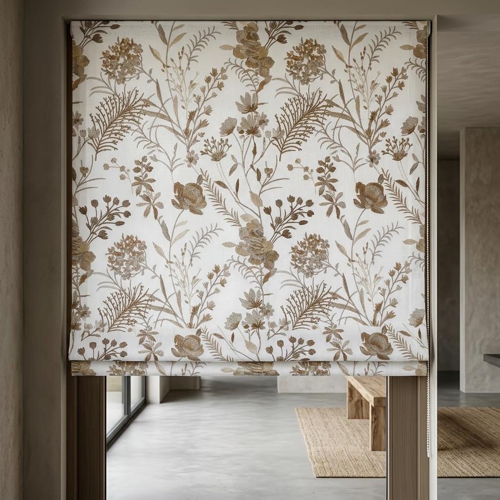 White Linen Roman Shade, Beige Wildflower Embroidered Blind, Custom Corded Botanical Blackout or Cotton Lined — image 9