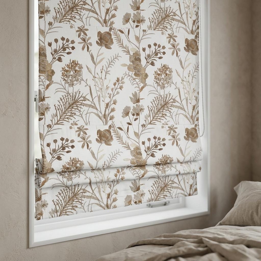 White Linen Roman Shade, Beige Wildflower Embroidered Blind, Custom Corded Botanical Blackout or Cotton Lined — image 7
