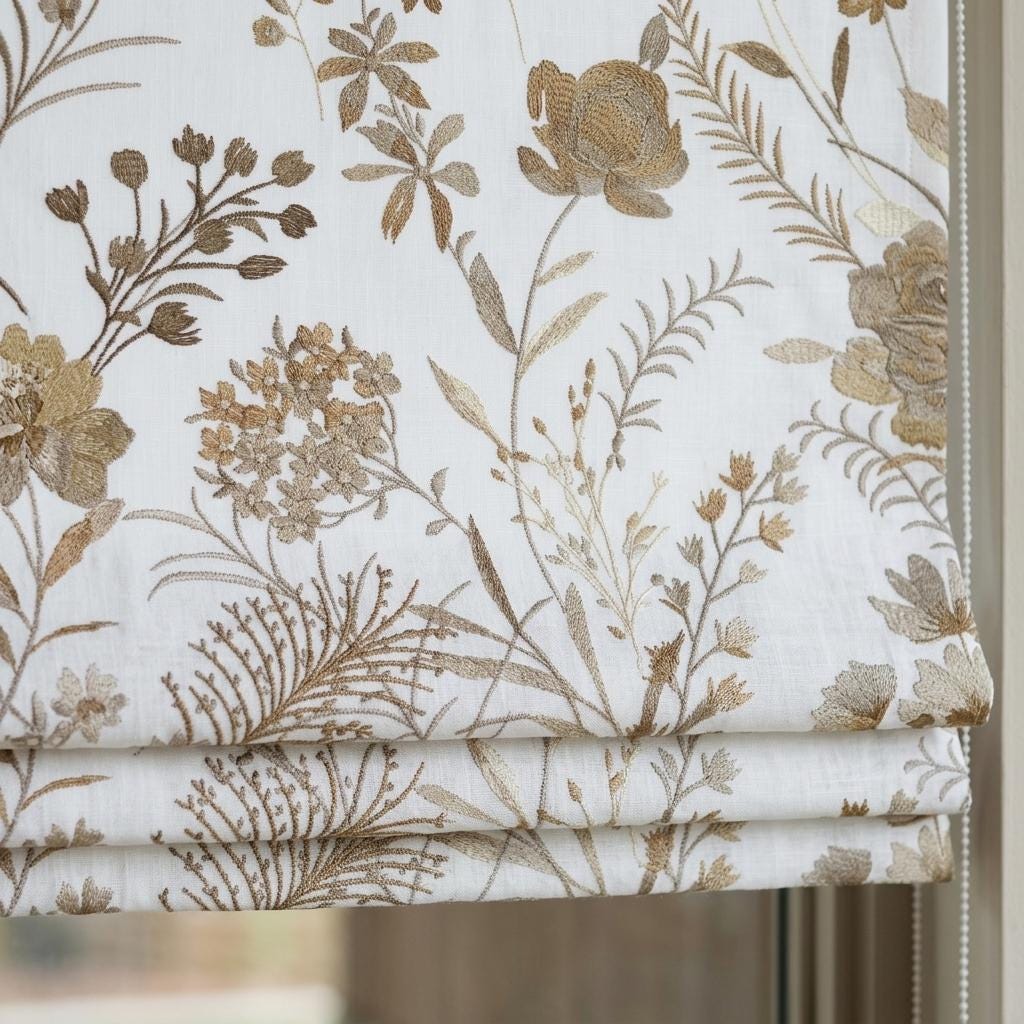 White Linen Roman Shade, Beige Wildflower Embroidered Blind, Custom Corded Botanical Blackout or Cotton Lined — image 3
