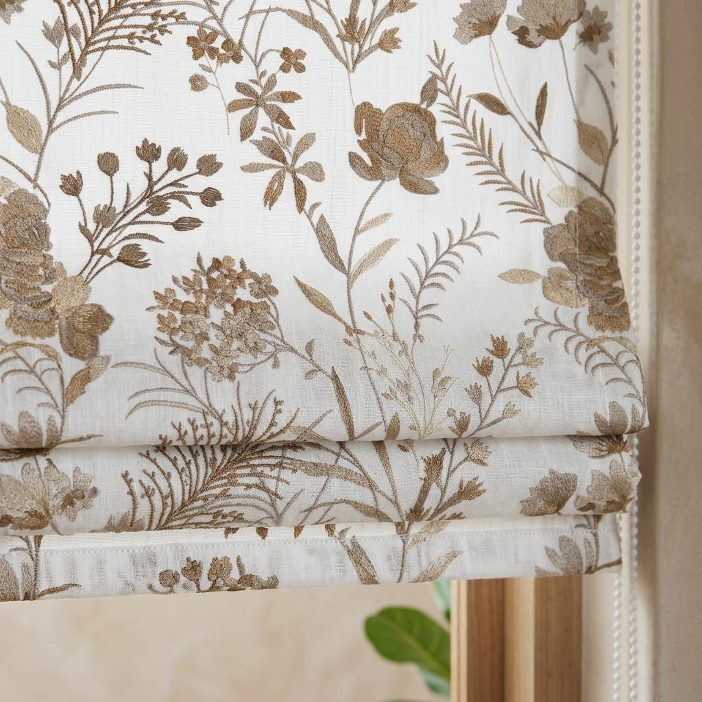 White Linen Roman Shade, Beige Wildflower Embroidered Blind, Custom Corded Botanical Blackout or Cotton Lined — image 6