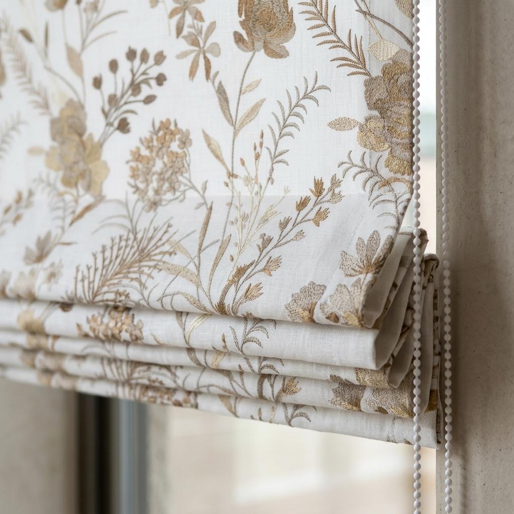 White Linen Roman Shade, Beige Wildflower Embroidered Blind, Custom Corded Botanical Blackout or Cotton Lined — image 1