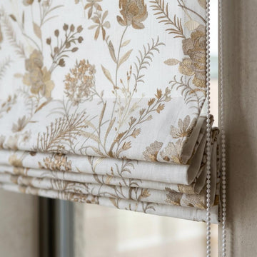 White Linen Roman Shade, Beige Wildflower Embroidered Blind, Custom Corded Botanical Blackout or Cotton Lined — image 1