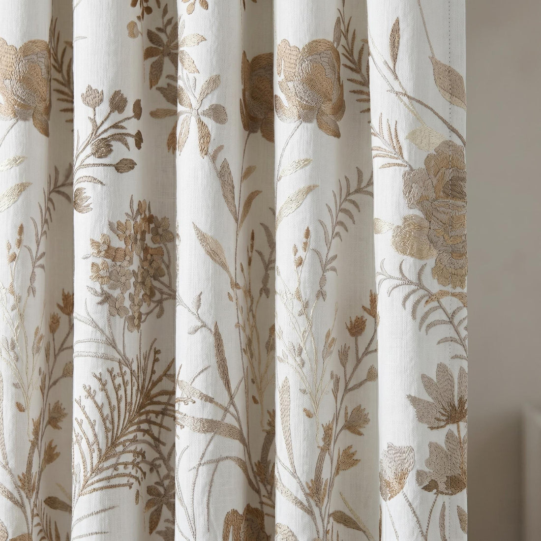 White Linen Curtains, Beige Botanical Wildflower Embroidered Drapes, Blackout or Cotton Lined Custom Panels — image 1