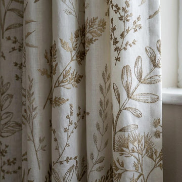 White Linen Curtains, Beige Botanical Wildflower Embroidered Drapes, Blackout or Cotton Lined Custom Panels — image 1
