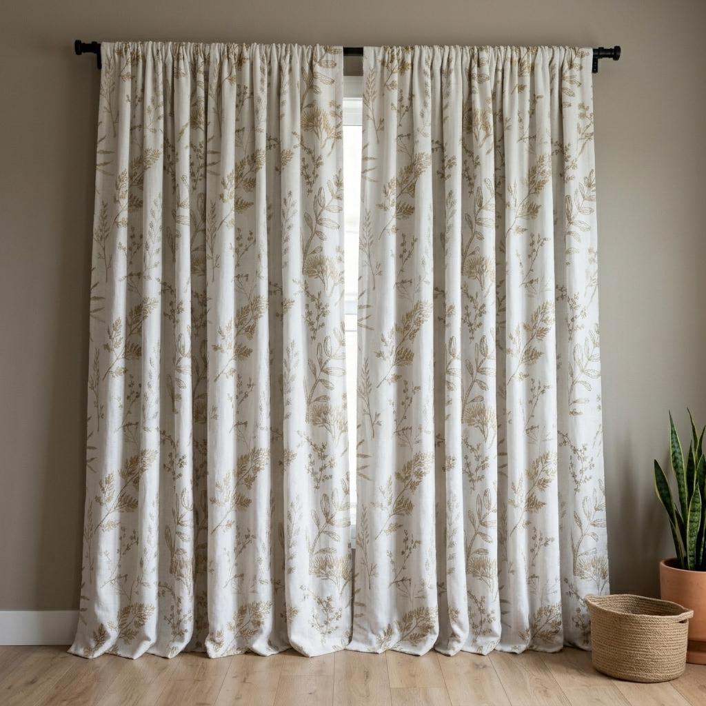 White Linen Curtains, Beige Botanical Wildflower Embroidered Drapes, Blackout or Cotton Lined Custom Panels — image 2