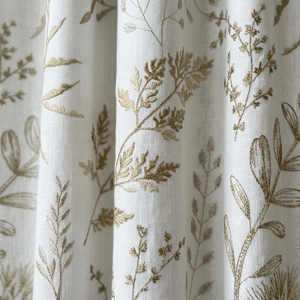 White Linen Curtains, Beige Botanical Wildflower Embroidered Drapes, Blackout or Cotton Lined Custom Panels — image 6