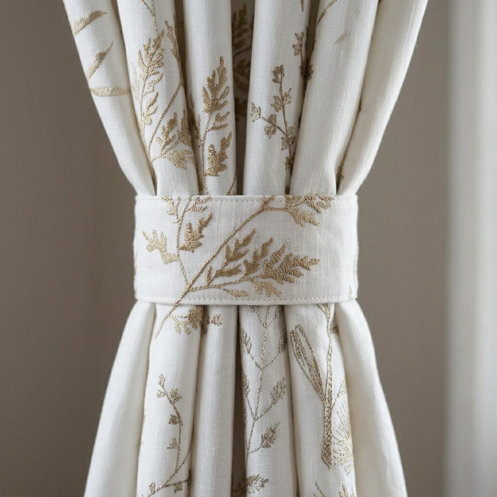 White Linen Curtains, Beige Botanical Wildflower Embroidered Drapes, Blackout or Cotton Lined Custom Panels — image 3