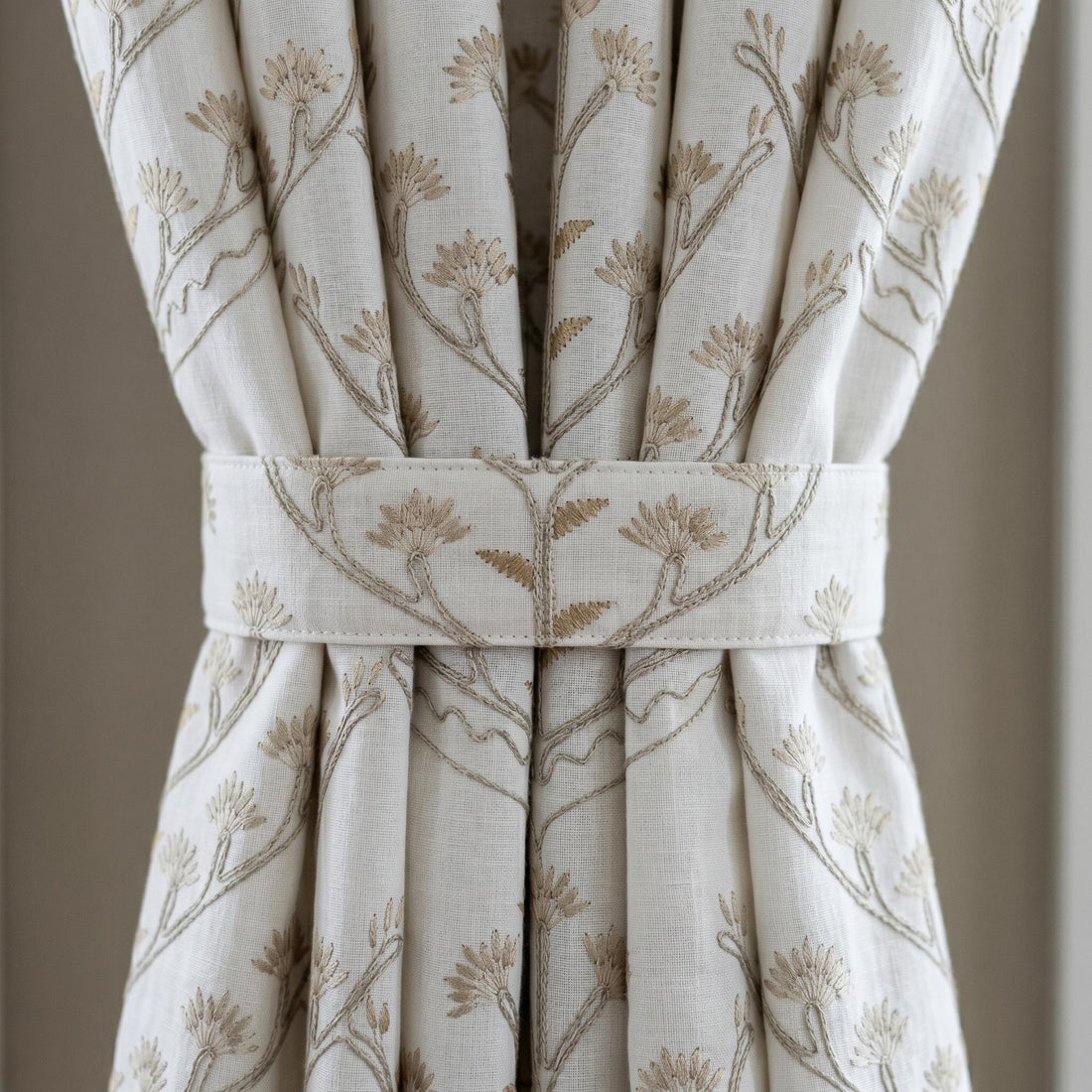 Heavy White Pure Linen Embroidered Curtains, Beige Botanical Floral Drapes, Custom Blackout or Cotton Lined Panels — image 1
