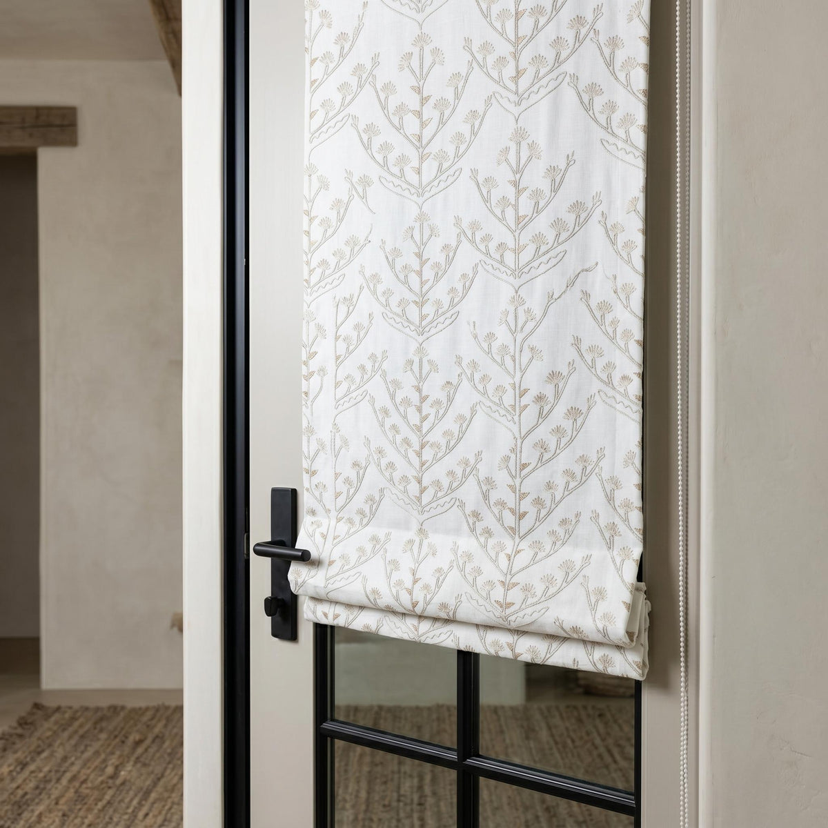White Linen Roman Shade, Beige Taupe Embroidered Tree of Life Blind, Custom Corded Window Shade, Blackout or Cotton Lined — image 3