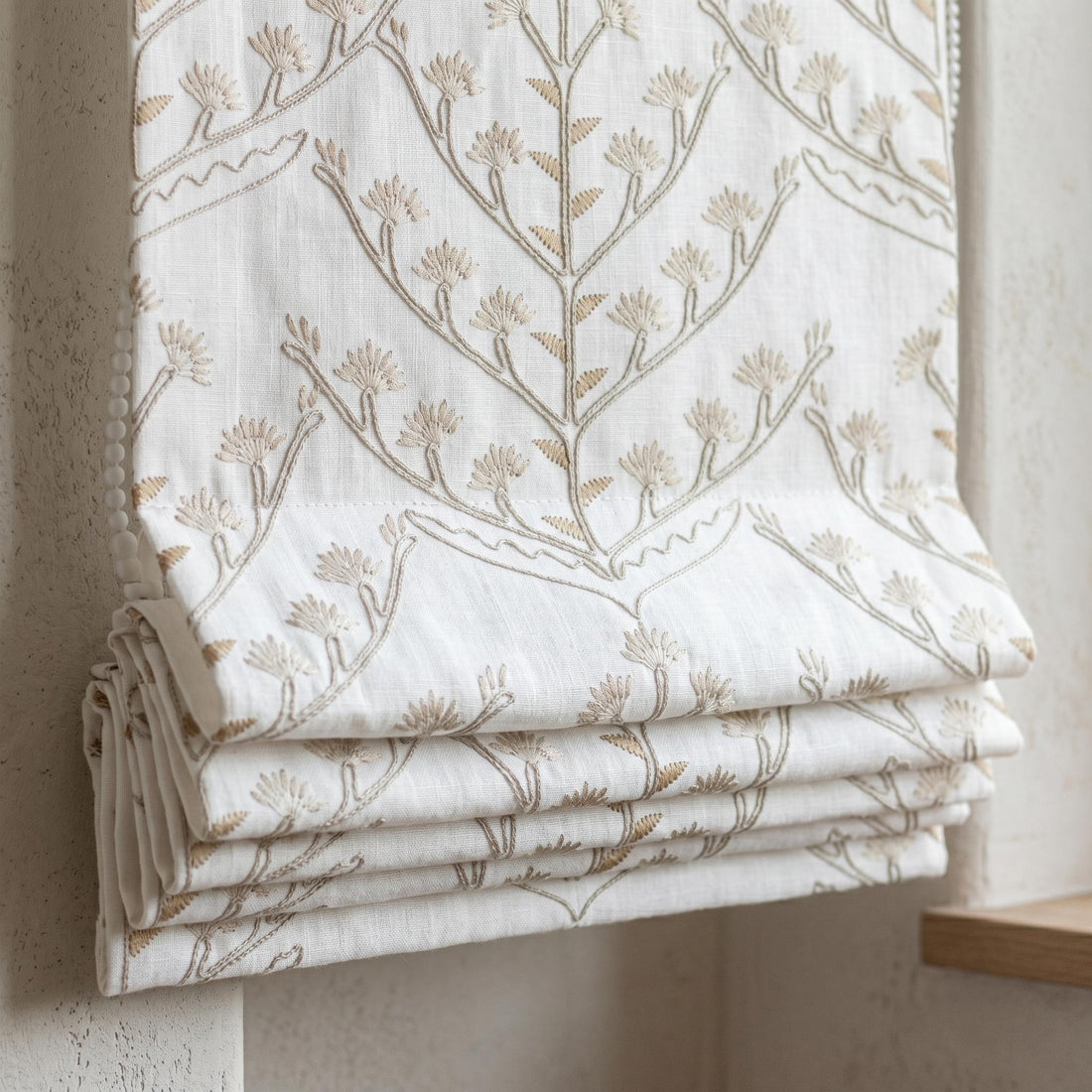 White Linen Roman Shade, Beige Taupe Embroidered Tree of Life Blind, Custom Corded Window Shade, Blackout or Cotton Lined — image 1