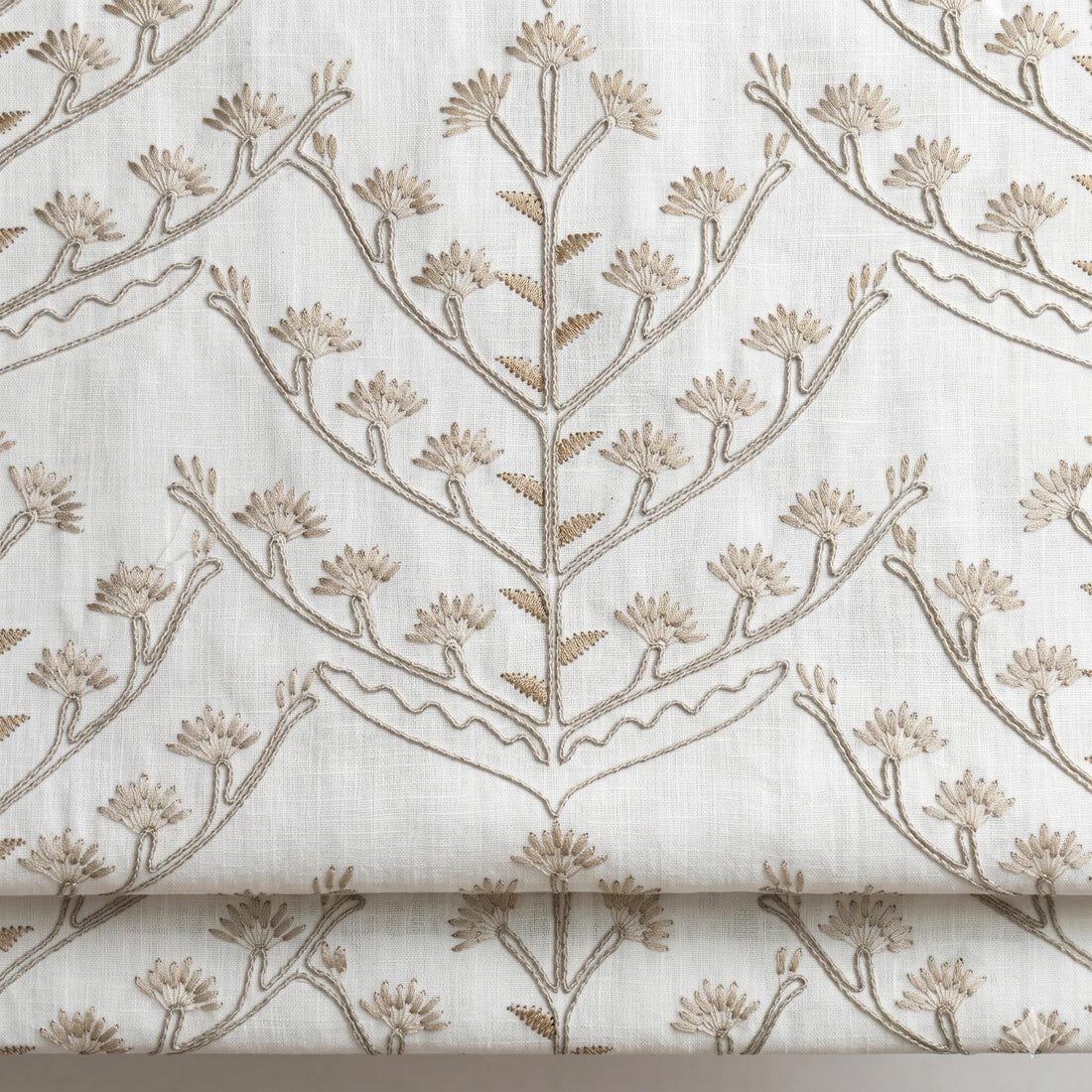 White Linen Roman Shade, Beige Taupe Embroidered Tree of Life Blind, Custom Corded Window Shade, Blackout or Cotton Lined — image 1