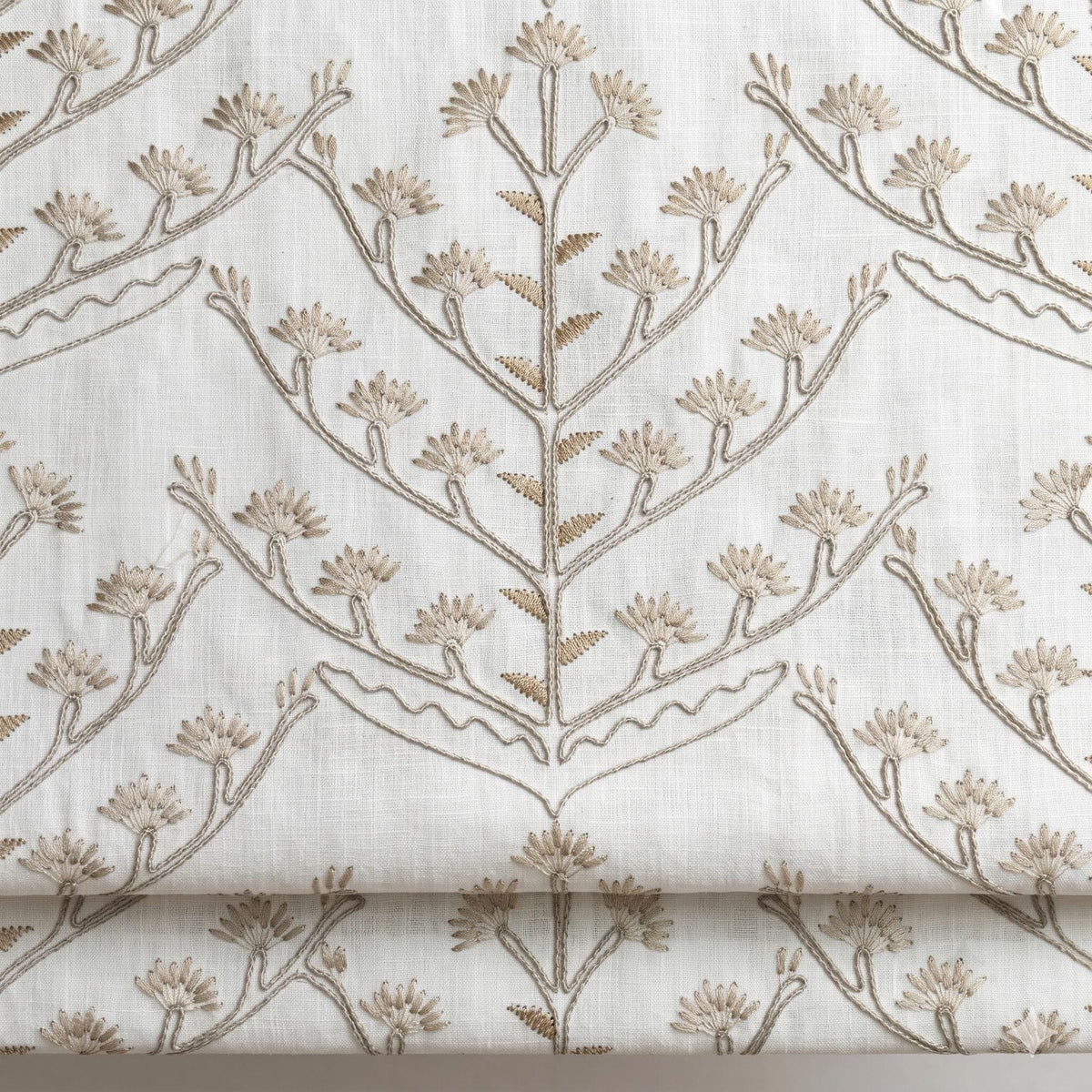 White Linen Roman Shade, Beige Taupe Embroidered Tree of Life Blind, Custom Corded Window Shade, Blackout or Cotton Lined — image 1