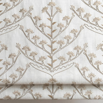 White Linen Roman Shade, Beige Taupe Embroidered Tree of Life Blind, Custom Corded Window Shade, Blackout or Cotton Lined — image 1