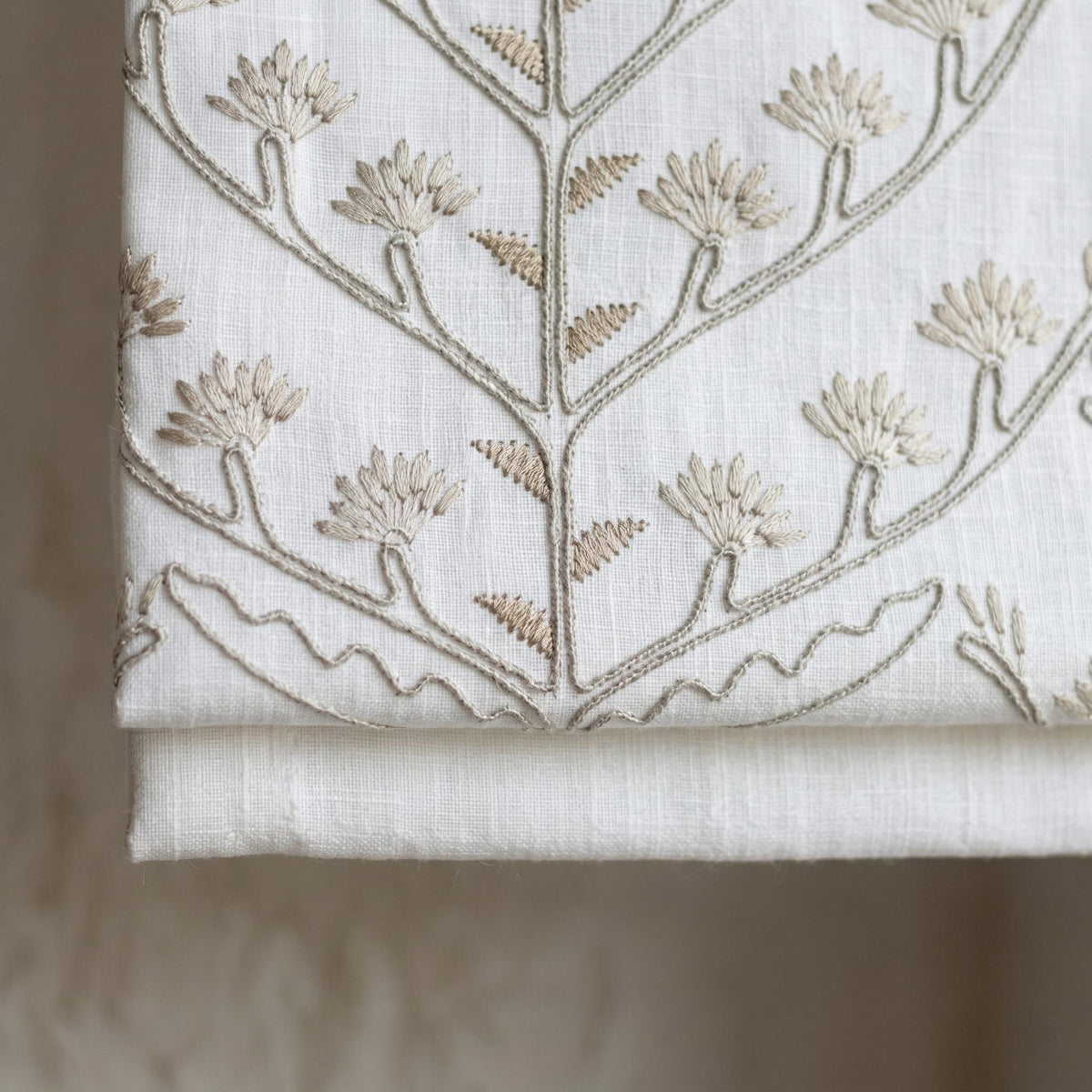 White Linen Roman Shade, Beige Taupe Embroidered Tree of Life Blind, Custom Corded Window Shade, Blackout or Cotton Lined — image 4