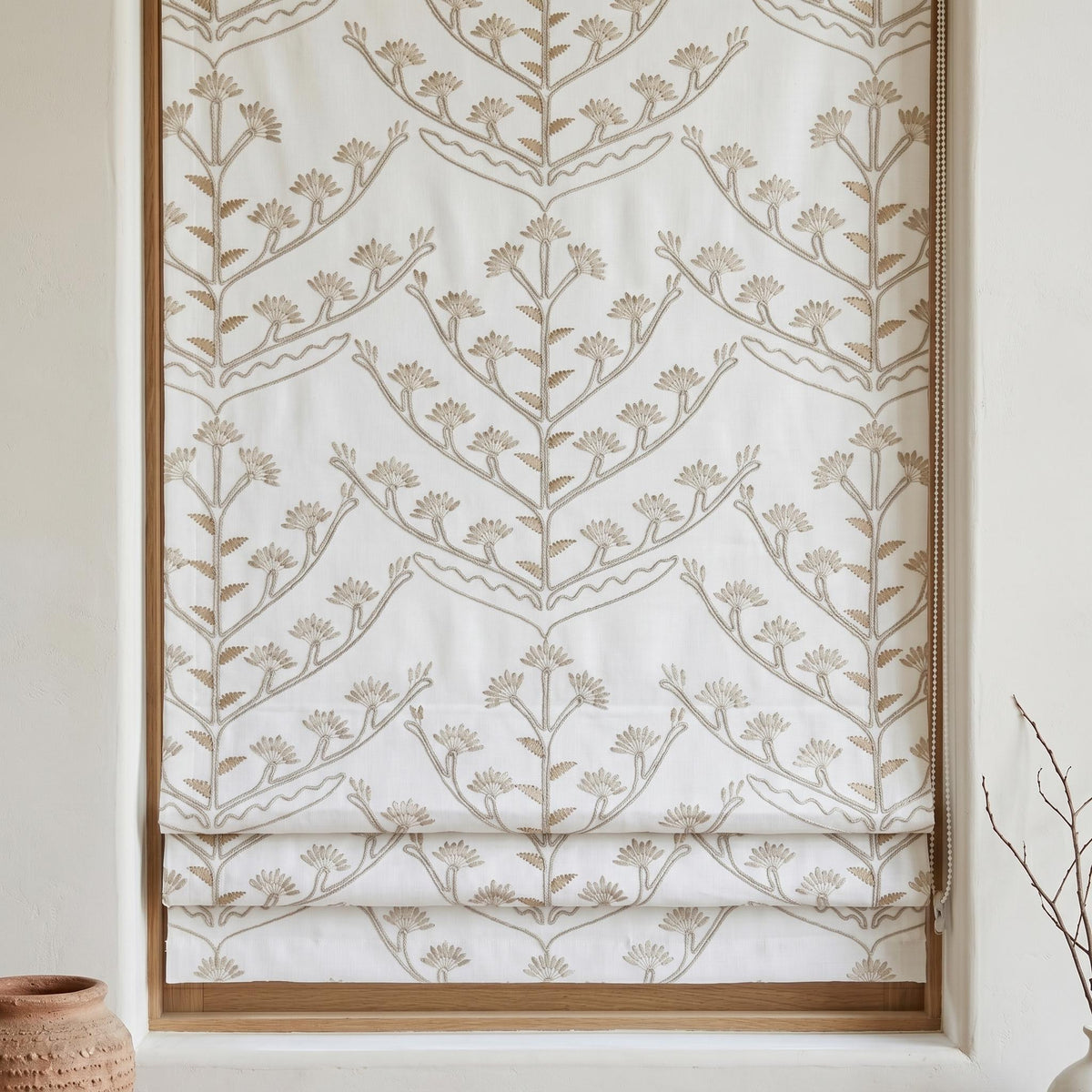 White Linen Roman Shade, Beige Taupe Embroidered Tree of Life Blind, Custom Corded Window Shade, Blackout or Cotton Lined — image 9