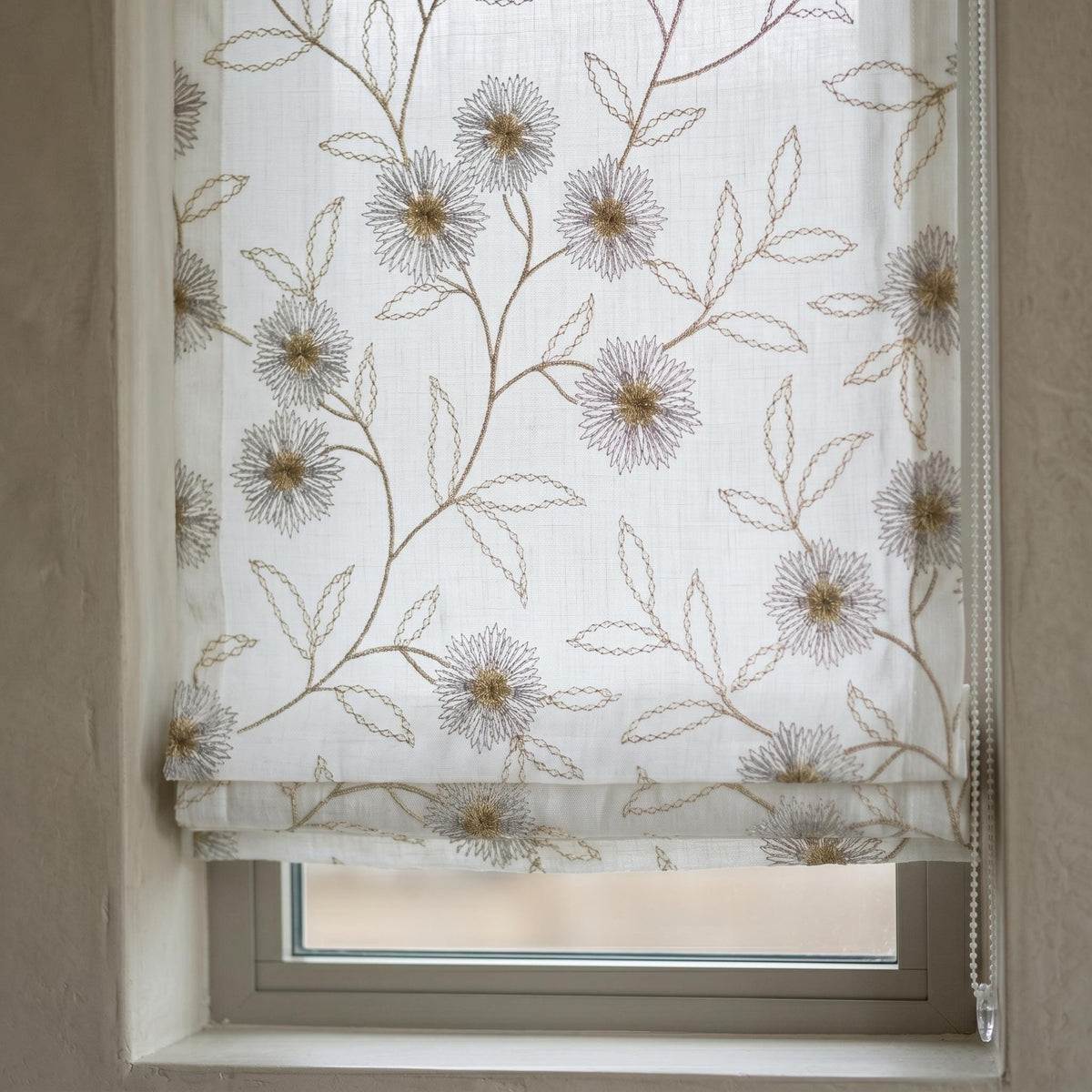 White Linen Roman Shade, Beige Taupe Embroidered Wildflower Blind, Custom Corded Window Shade, Blackout or Cotton Lined — image 5