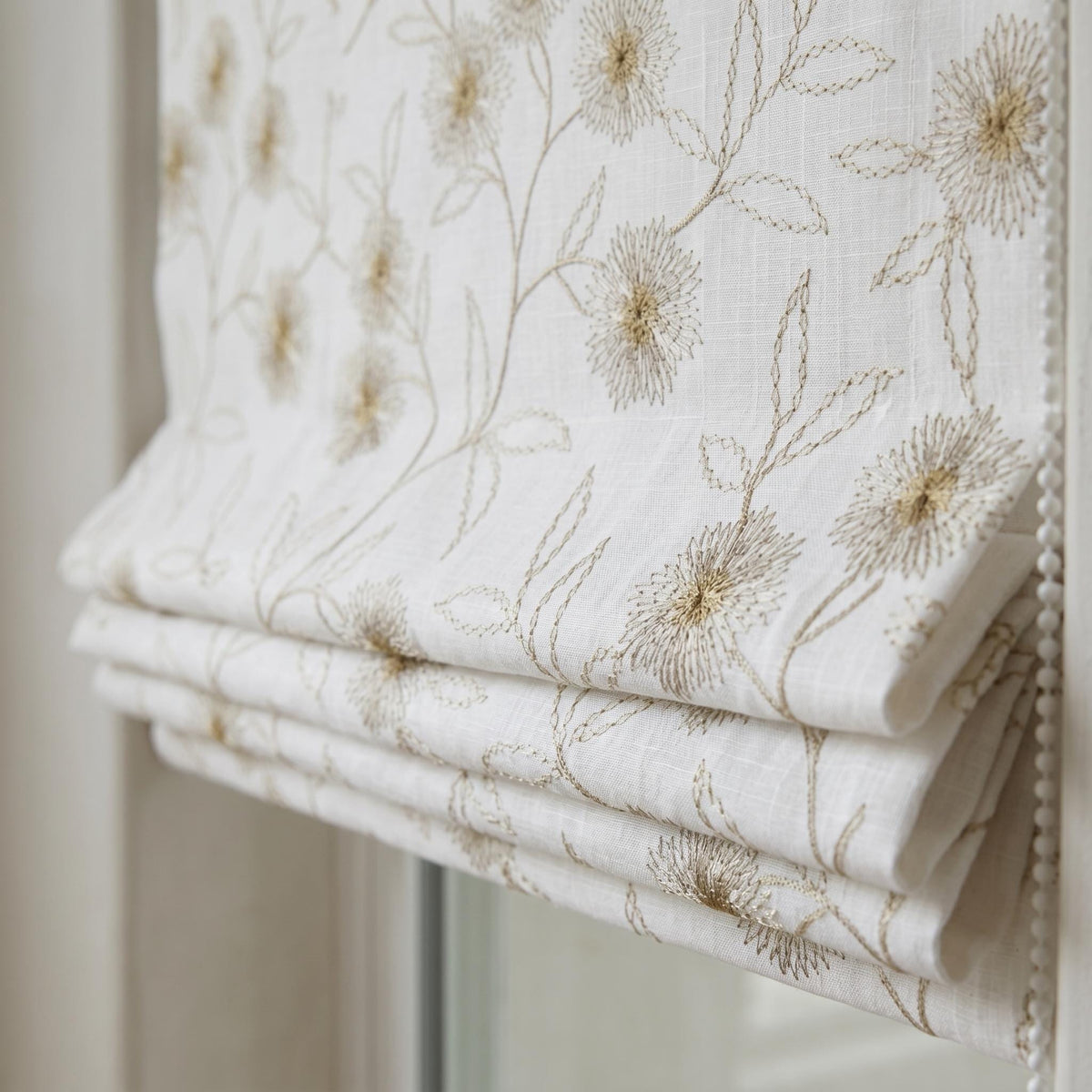 White Linen Roman Shade, Beige Taupe Embroidered Wildflower Blind, Custom Corded Window Shade, Blackout or Cotton Lined — image 3
