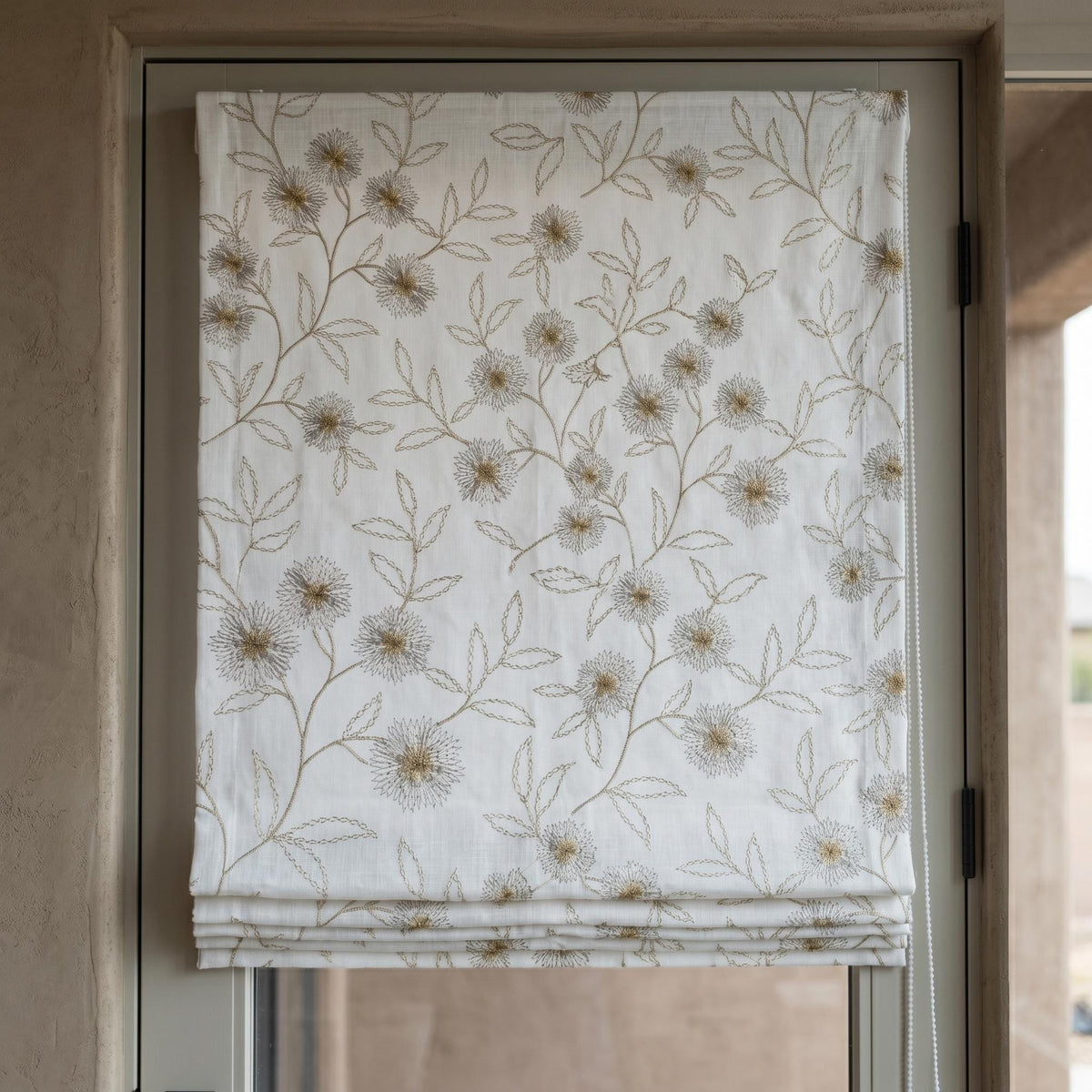 White Linen Roman Shade, Beige Taupe Embroidered Wildflower Blind, Custom Corded Window Shade, Blackout or Cotton Lined — image 6