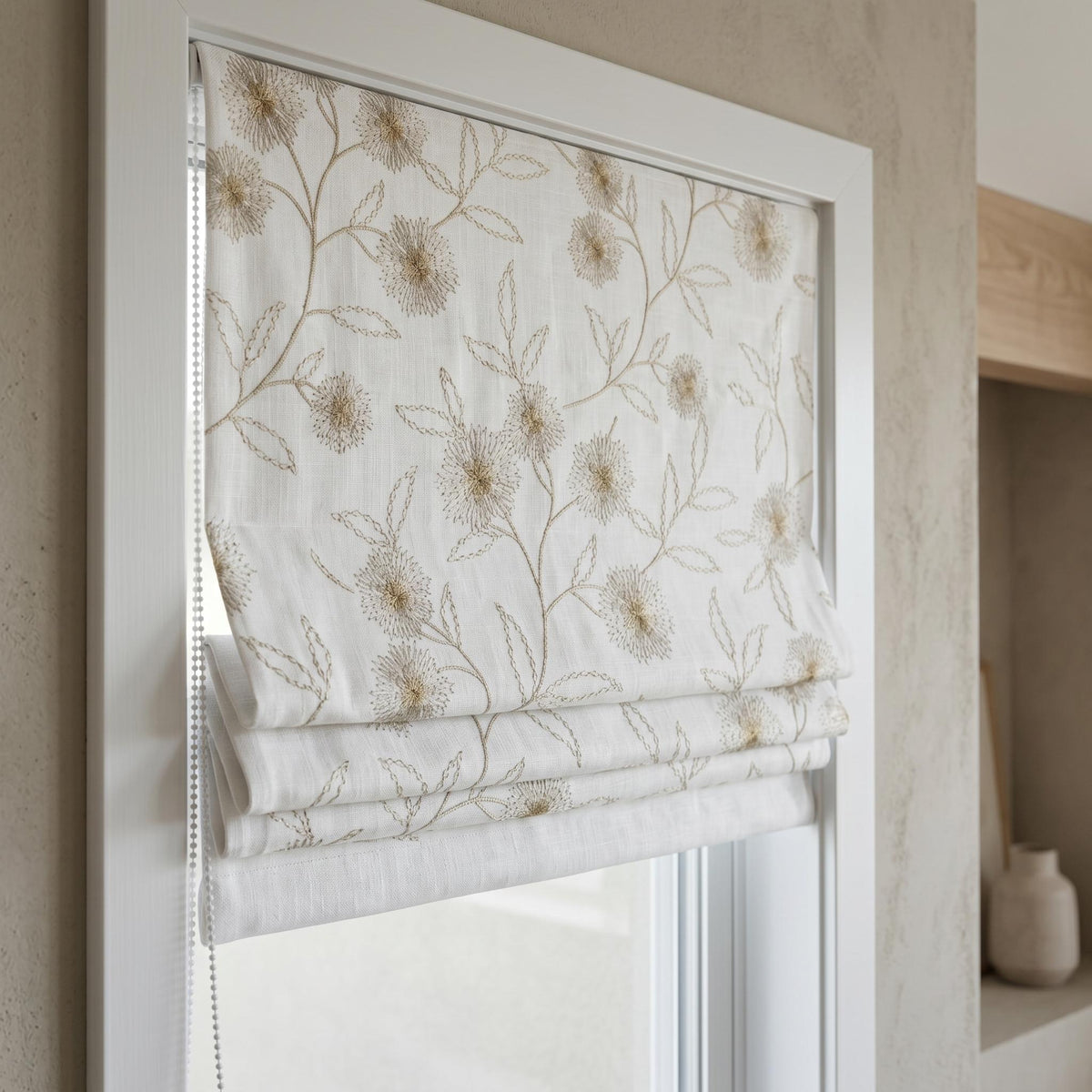 White Linen Roman Shade, Beige Taupe Embroidered Wildflower Blind, Custom Corded Window Shade, Blackout or Cotton Lined — image 4