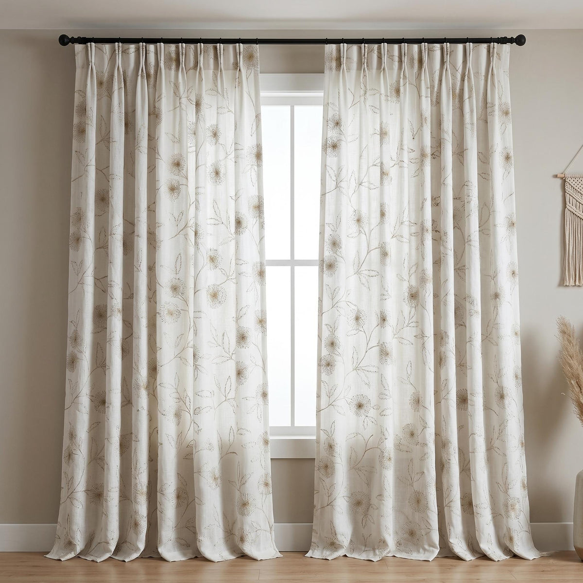 Heavy Pure White Linen Embroidered Curtains, Beige Dandelion Floral Drapes, Custom Blackout or Cotton Lined Panels — image 4