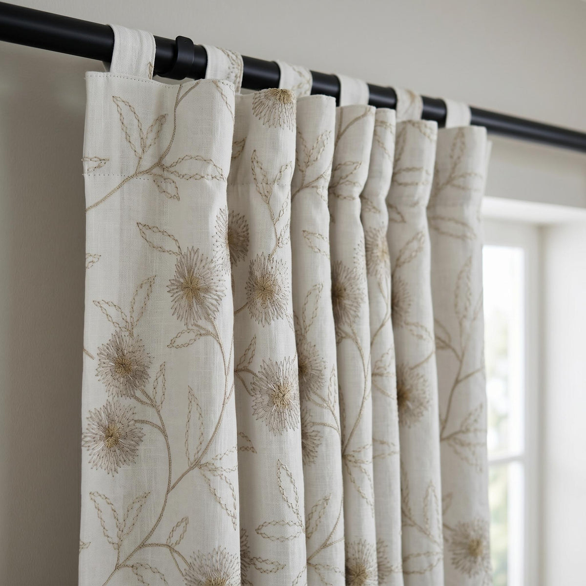 Heavy Pure White Linen Embroidered Curtains, Beige Dandelion Floral Drapes, Custom Blackout or Cotton Lined Panels — image 8