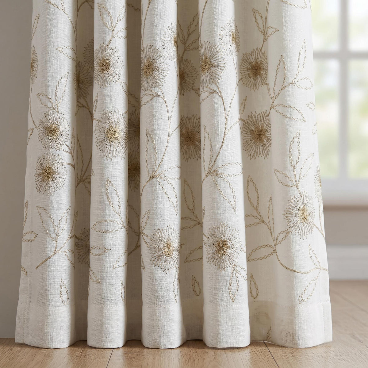 Heavy Pure White Linen Embroidered Curtains, Beige Dandelion Floral Drapes, Custom Blackout or Cotton Lined Panels — image 7