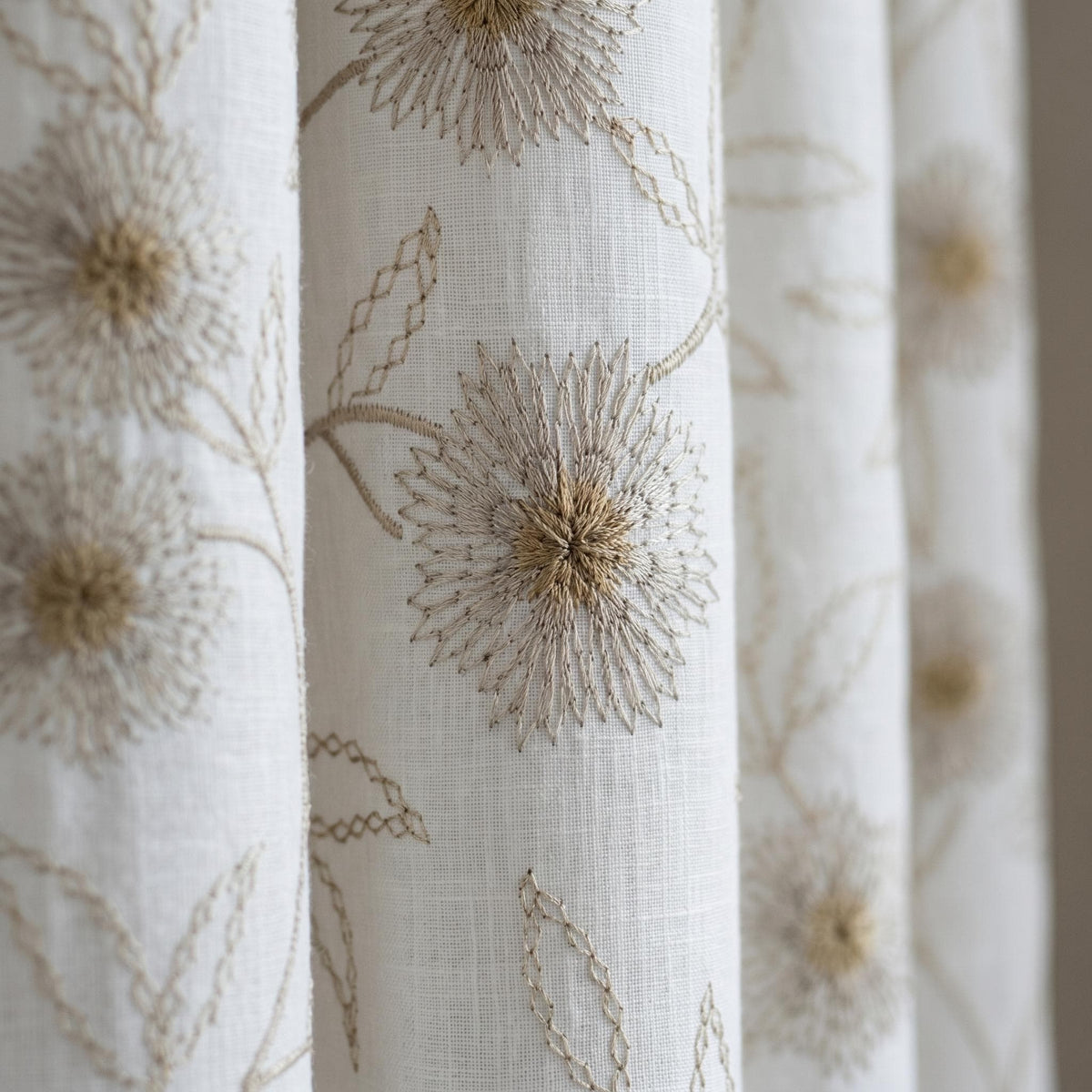 Heavy Pure White Linen Embroidered Curtains, Beige Dandelion Floral Drapes, Custom Blackout or Cotton Lined Panels — image 1