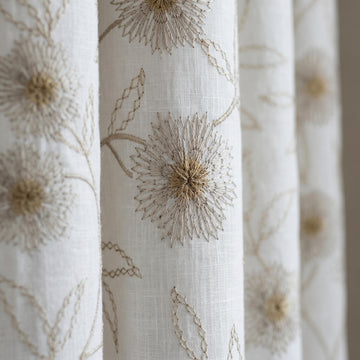 Heavy Pure White Linen Embroidered Curtains, Beige Dandelion Floral Drapes, Custom Blackout or Cotton Lined Panels — image 1