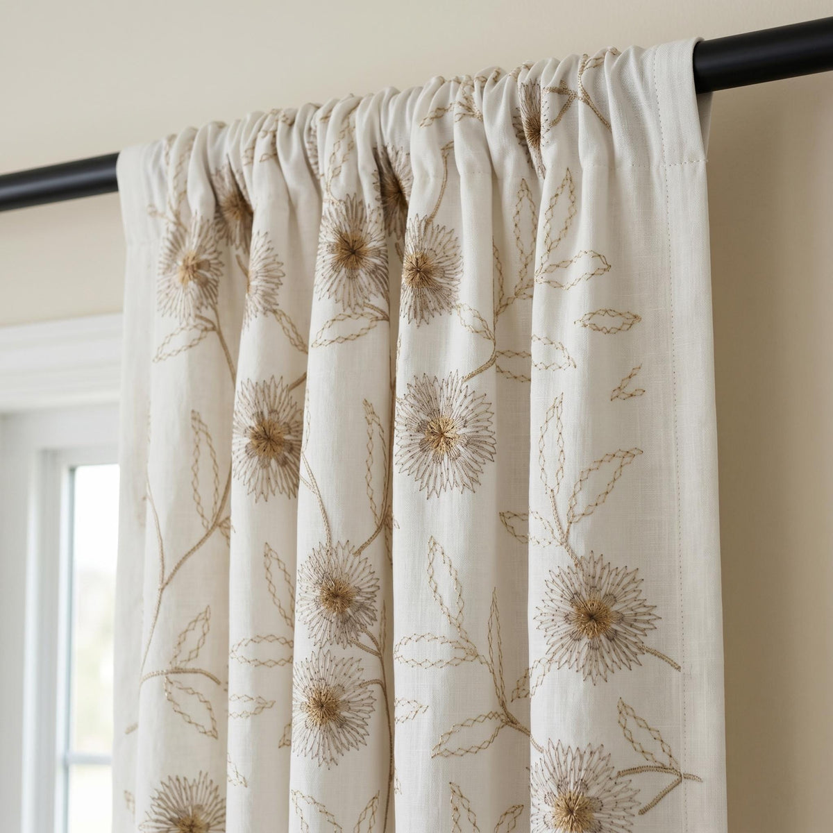Heavy Pure White Linen Embroidered Curtains, Beige Dandelion Floral Drapes, Custom Blackout or Cotton Lined Panels — image 5
