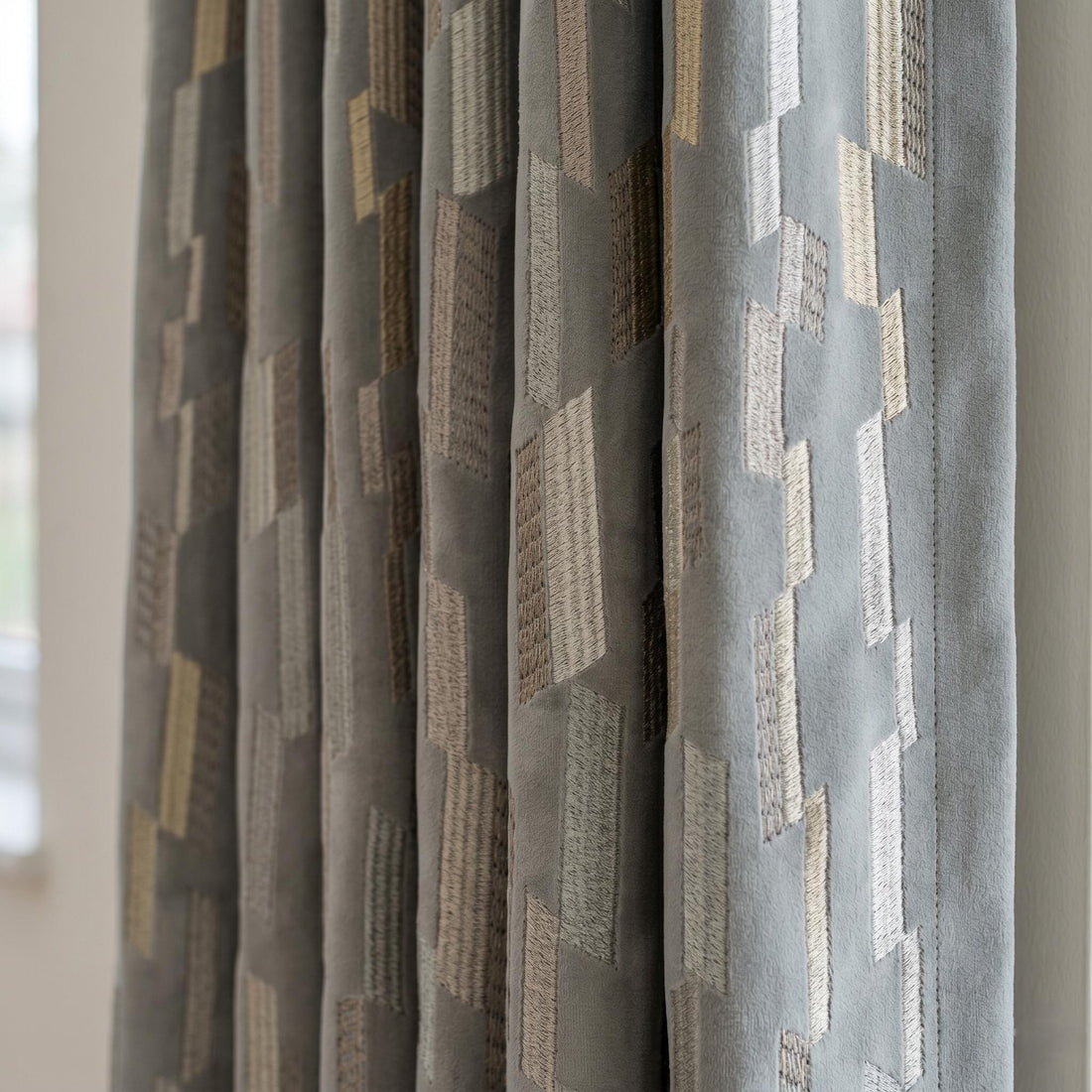Dusty Grey Matte Velvet Embroidered Curtains, Geometric Beige Ivory Drapes, Custom Blackout or Cotton Lined — image 1