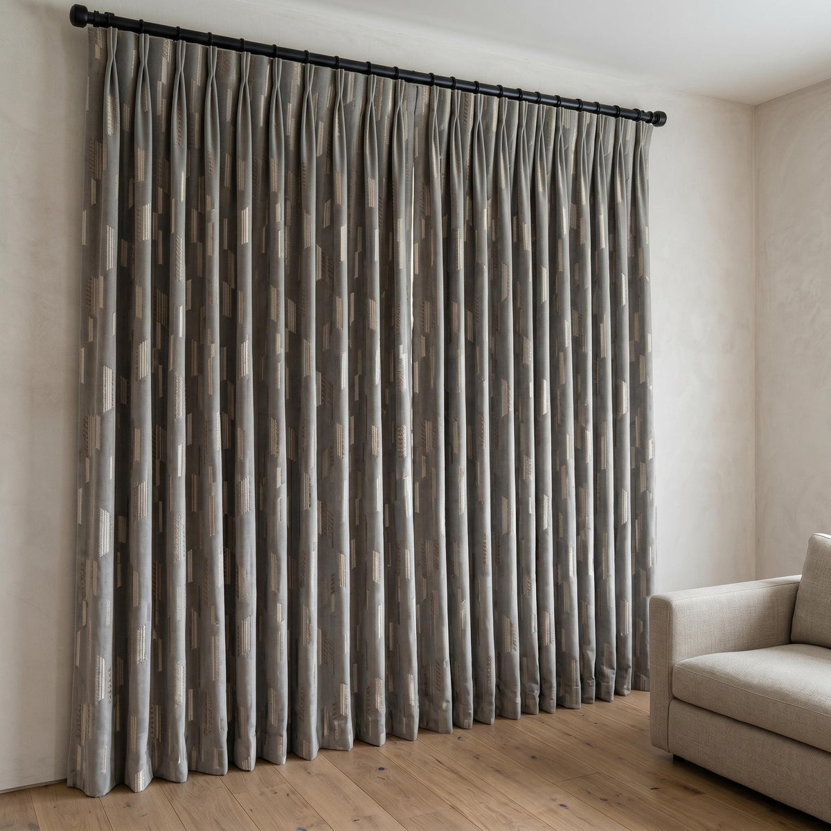 Dusty Grey Matte Velvet Embroidered Curtains, Geometric Beige Ivory Drapes, Custom Blackout or Cotton Lined — image 5
