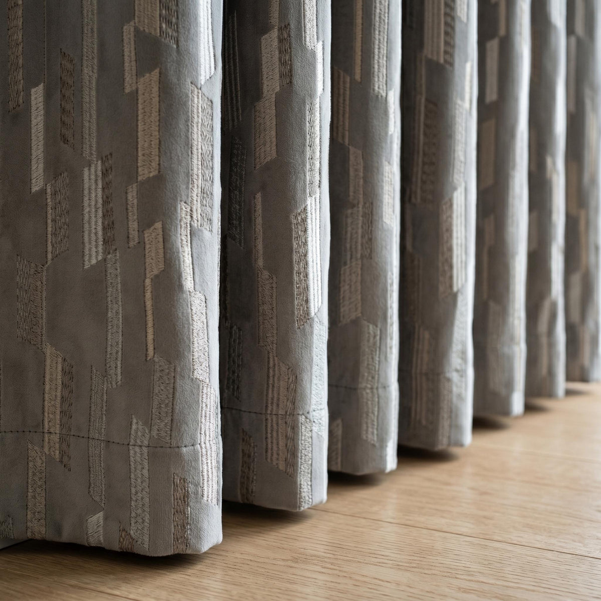 Dusty Grey Matte Velvet Embroidered Curtains, Geometric Beige Ivory Drapes, Custom Blackout or Cotton Lined — image 7