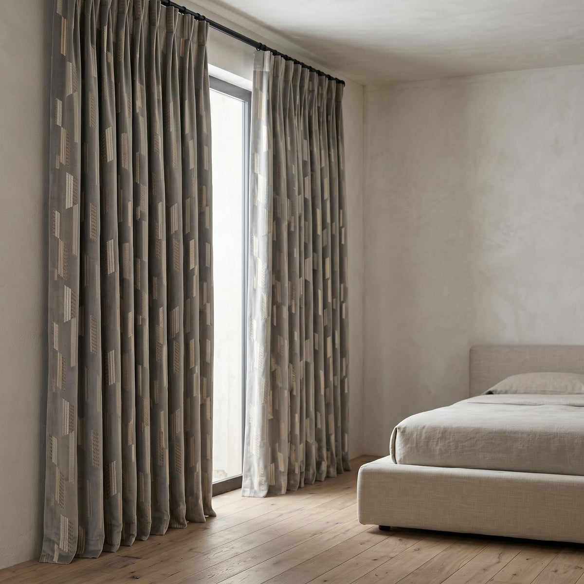 Dusty Grey Matte Velvet Embroidered Curtains, Geometric Beige Ivory Drapes, Custom Blackout or Cotton Lined — image 8