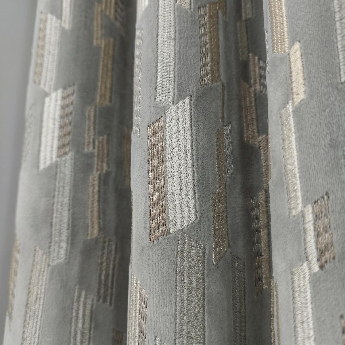 Dusty Grey Matte Velvet Embroidered Curtains, Geometric Beige Ivory Drapes, Custom Blackout or Cotton Lined — image 9