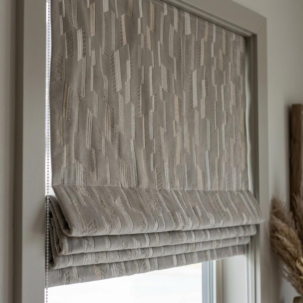 Dusty Grey Velvet Roman Shade, Ivory Beige Geometric Embroidered Blind, Custom Corded Window Shade, Blackout or Cotton Lined — image 1