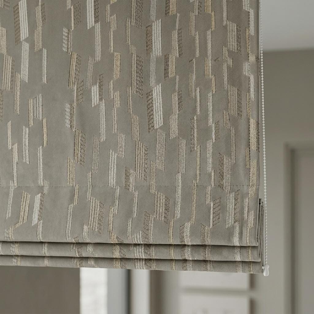 Dusty Grey Velvet Roman Shade, Ivory Beige Geometric Embroidered Blind, Custom Corded Window Shade, Blackout or Cotton Lined — image 9