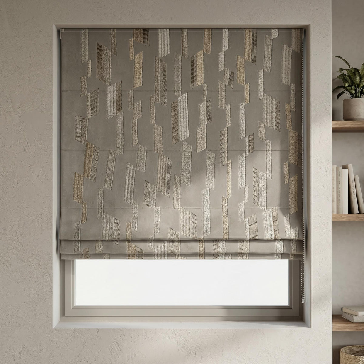 Dusty Grey Velvet Roman Shade, Ivory Beige Geometric Embroidered Blind, Custom Corded Window Shade, Blackout or Cotton Lined — image 5