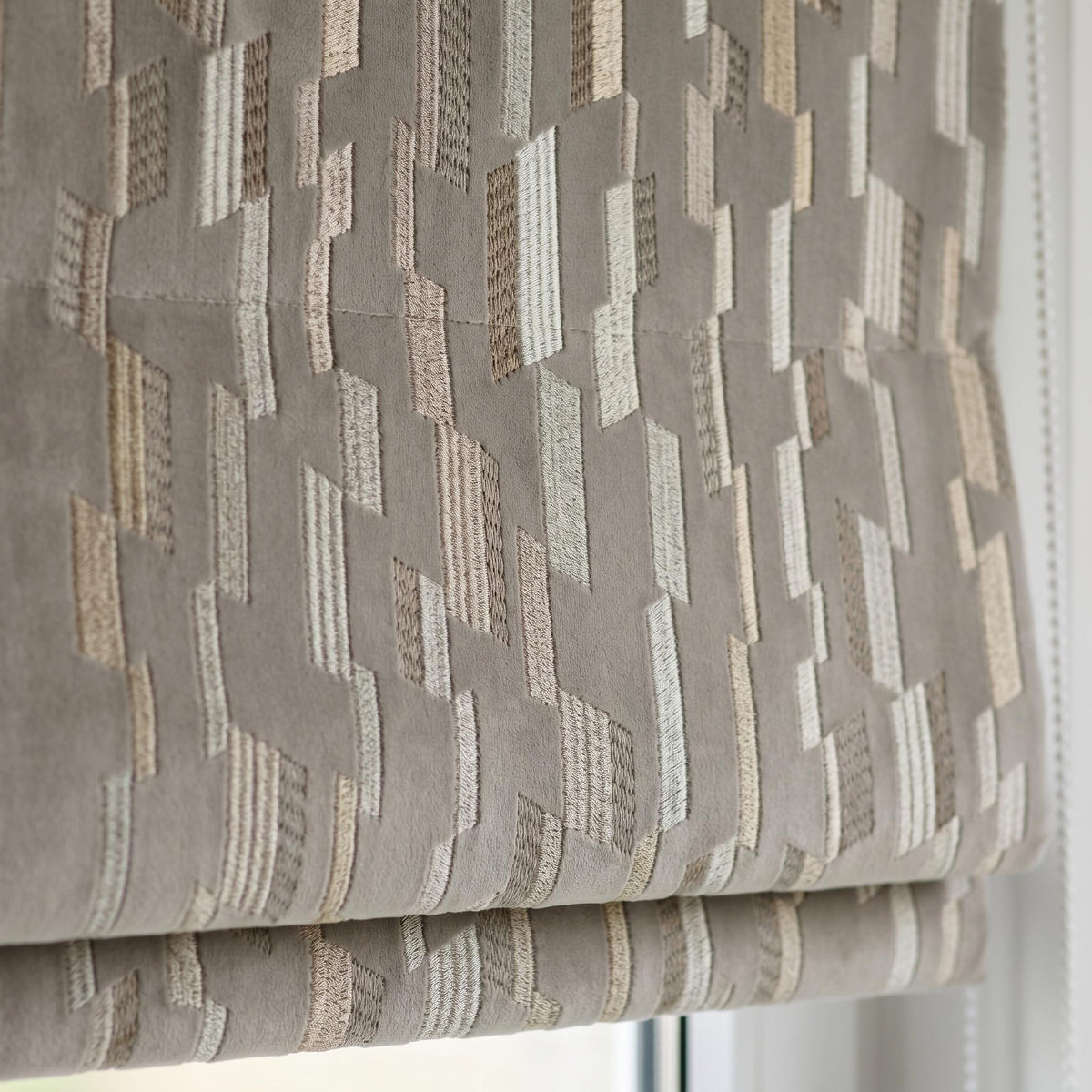 Dusty Grey Velvet Roman Shade, Ivory Beige Geometric Embroidered Blind, Custom Corded Window Shade, Blackout or Cotton Lined — image 7