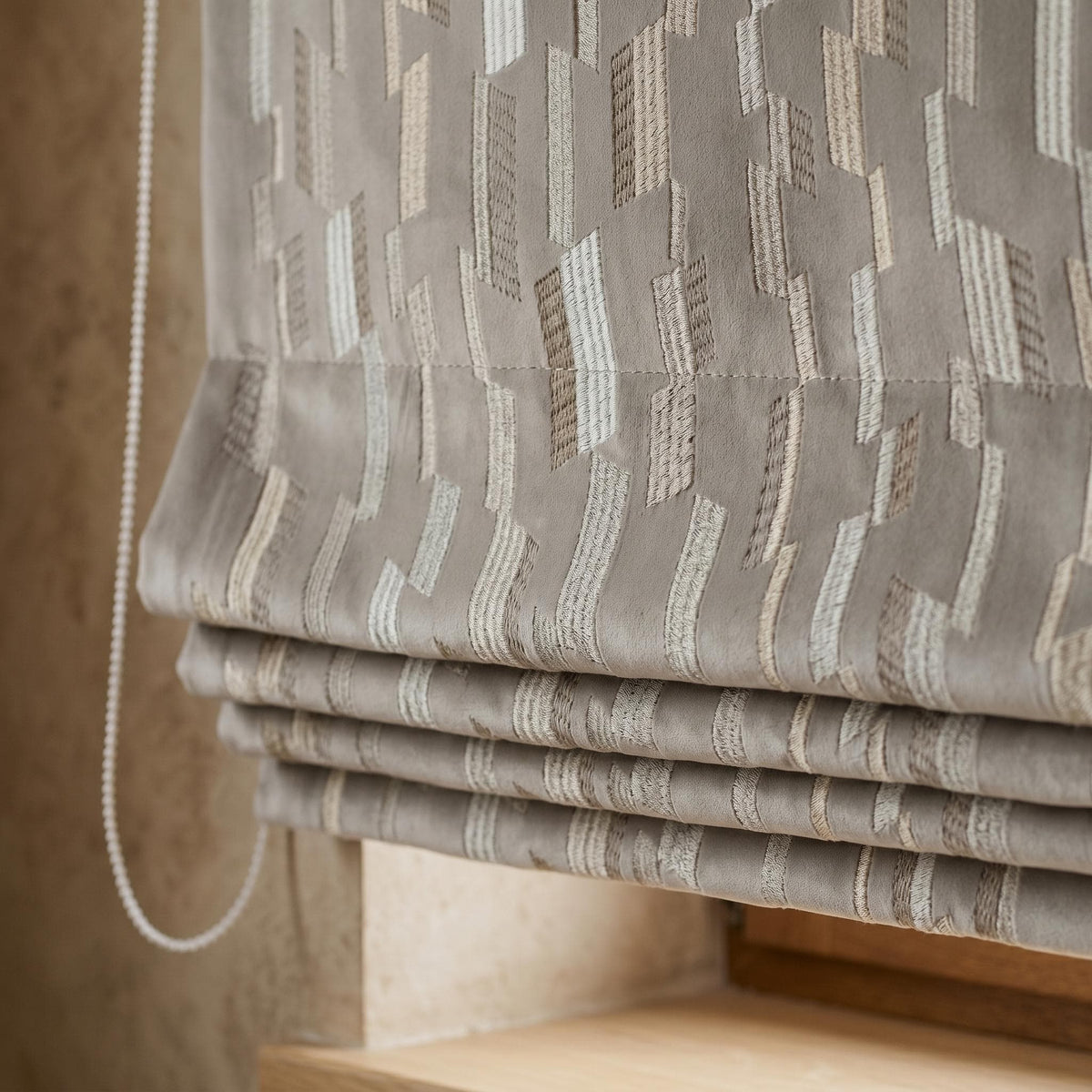 Dusty Grey Velvet Roman Shade, Ivory Beige Geometric Embroidered Blind, Custom Corded Window Shade, Blackout or Cotton Lined — image 6