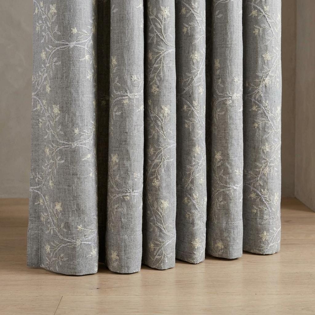 Grey Linen Embroidered Curtains, Ivory Botanical Vine Drapes, Custom Blackout or Cotton Lined Floral Curtain Panels — image 3