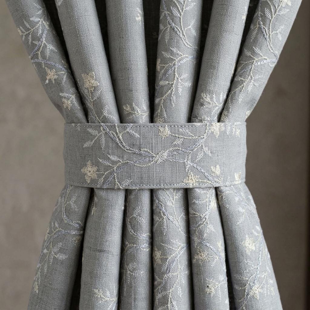 Grey Linen Embroidered Curtains, Ivory Botanical Vine Drapes, Custom Blackout or Cotton Lined Floral Curtain Panels — image 1
