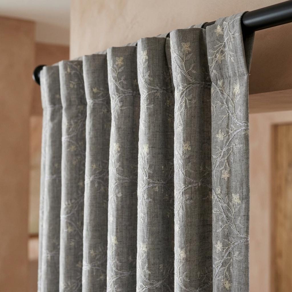 Grey Linen Embroidered Curtains, Ivory Botanical Vine Drapes, Custom Blackout or Cotton Lined Floral Curtain Panels — image 7