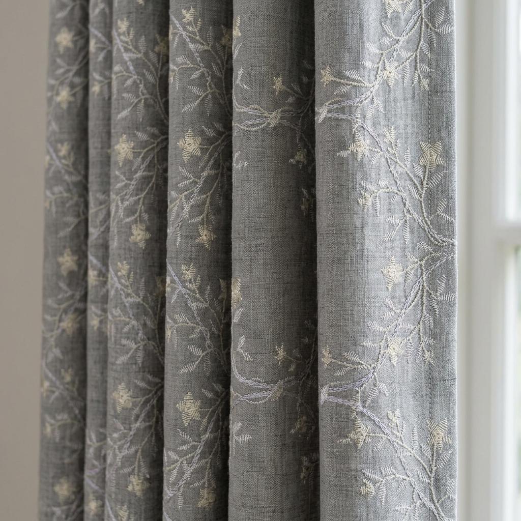 Grey Linen Embroidered Curtains, Ivory Botanical Vine Drapes, Custom Blackout or Cotton Lined Floral Curtain Panels — image 1