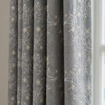 Grey Linen Embroidered Curtains, Ivory Botanical Vine Drapes, Custom Blackout or Cotton Lined Floral Curtain Panels — image 1