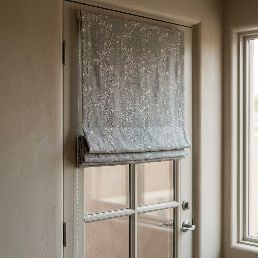 Gray Linen Roman Shade, Ivory Embroidered Floral Vine Blind, Custom Corded Window Shade, Blackout or Cotton Lined — image 1